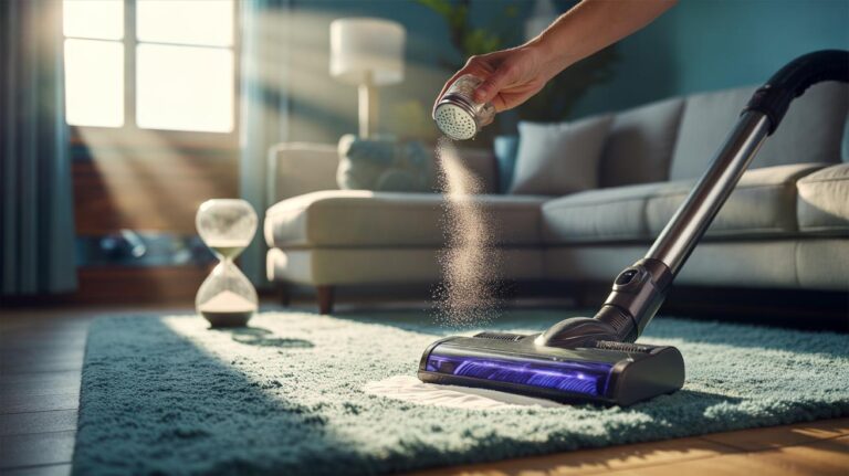 Illustration of baking soda sprinkled on a carpet with a vacuum cleaner and a timer set to five minutes