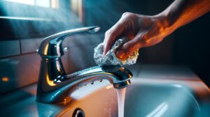 Illustration of crumpled aluminium foil scrubbing tough grime from a chrome surface for a fast 60-second clean