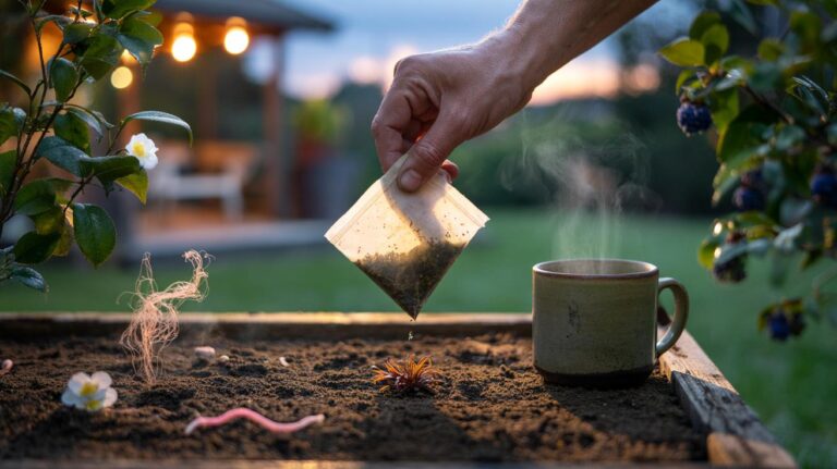 Illustration of used tea bags and loose tea leaves being added to garden soil at dusk to nourish the soil overnight