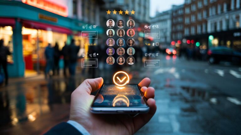 Illustration of social proof signals, including star ratings, peer reviews, and real-time “popular now” counters, prompting an immediate purchase decision on a product page